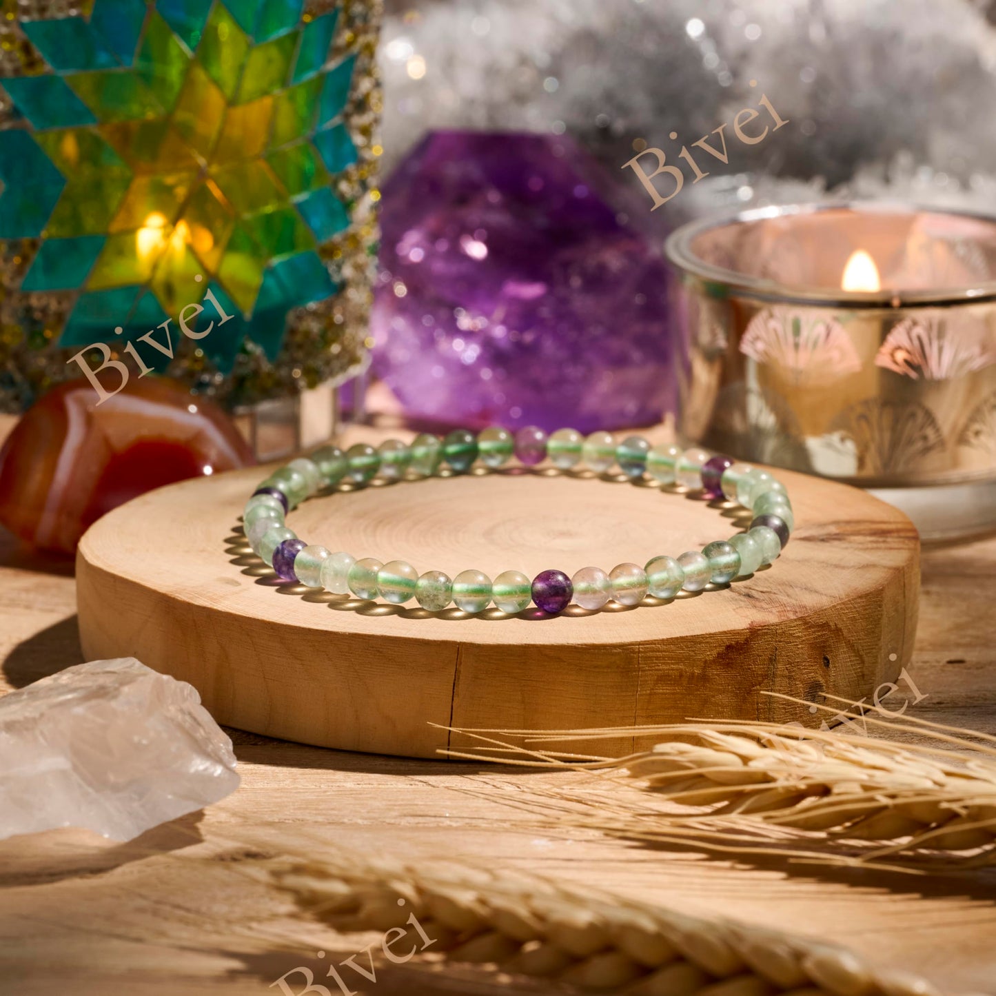 Bivei Fluorite - Cleansing - 4mm Beaded Bracelets for Women Handmade Semi Precious Natural Stone Stretch Elastic Jewelry Yoga Protection Gifts