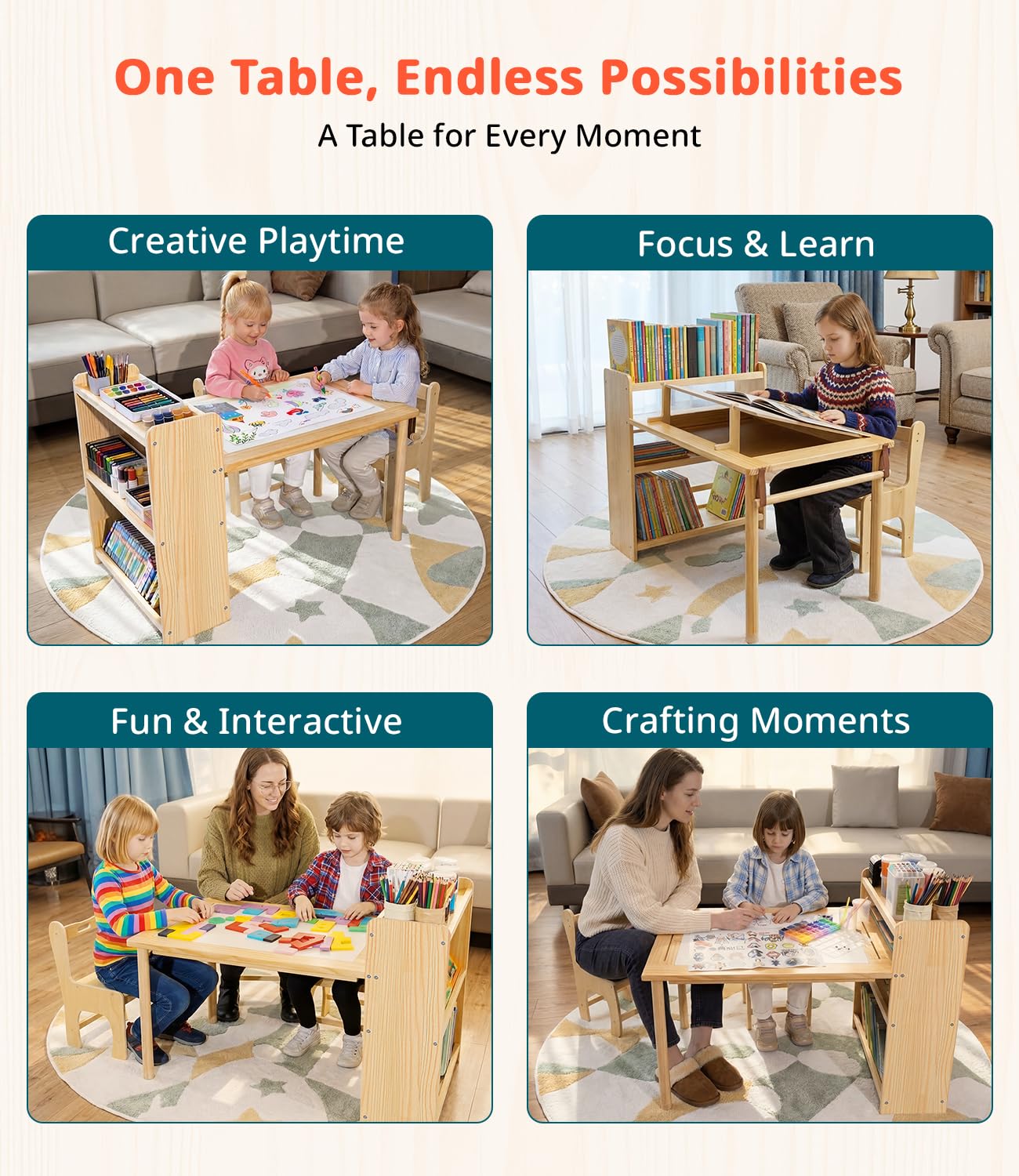 JOIN&JOY Children's Art Table and 2 Chair Set, Multifunctional Craft Table with Storage Shelves, Toddler Activity for Creativity, Drawing, Learning & Playtime