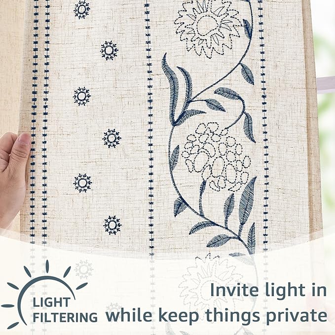 jinchan Winslow Linen Curtains for Bedroom 108 Inches Length Embroidered Bordered Floral Curtains for Living Room Farmhouse Decor Light Filtering Window Treatments Blue on Beige Drapes 2 Panels