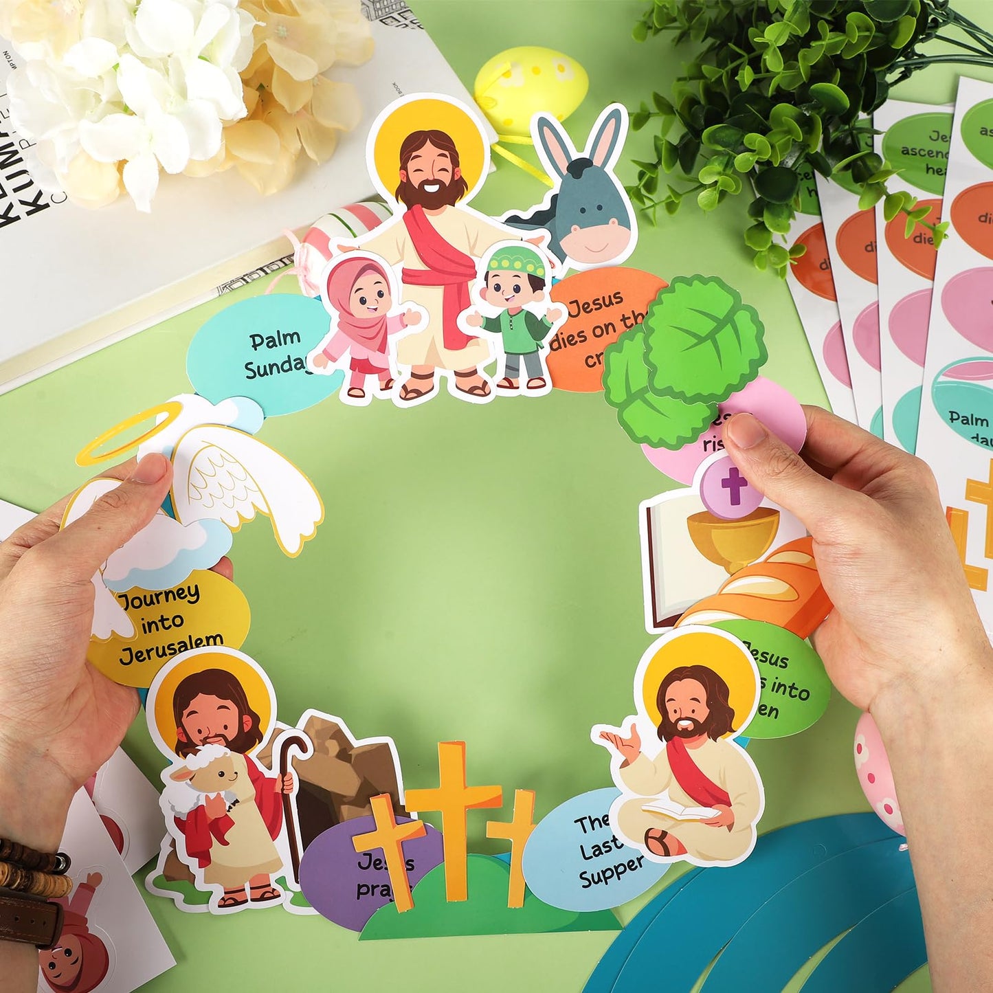 PAIVSUN 12Pcs Easter Wreath Craft Kits, DIY Holy Week Christian Wreath Hanging Ornaments, Make Your Own Religious Paper Arts Craft for Sunday Party Favors Home Activities Front Door Decor