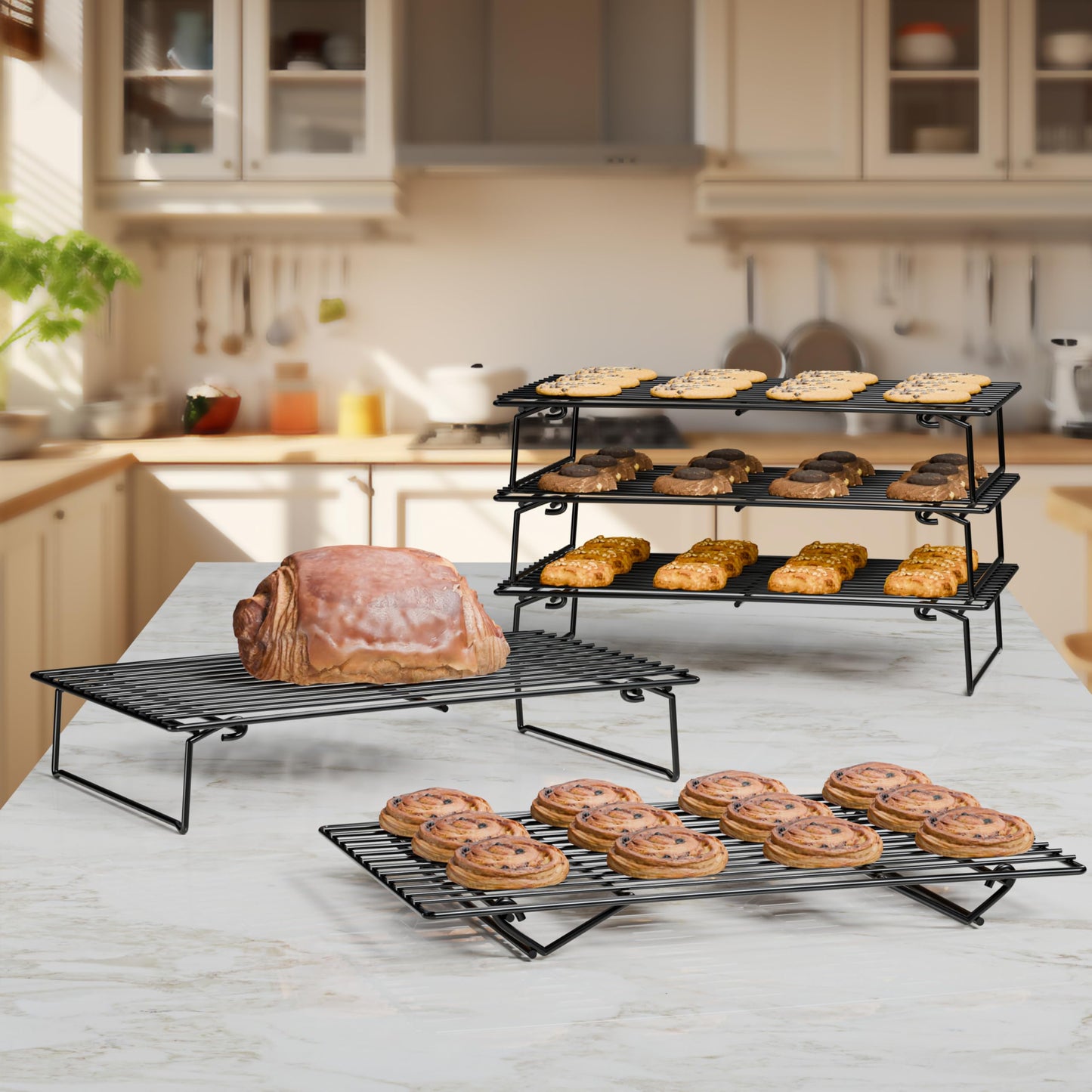 4PCS Cooling Racks for Cooking and Baking, Collapsible 4 Tiers 10"X16" Cool Batches of Cookies, Non-Stick & BPA-Free, Oven and Dishwasher Safe (Black-202)