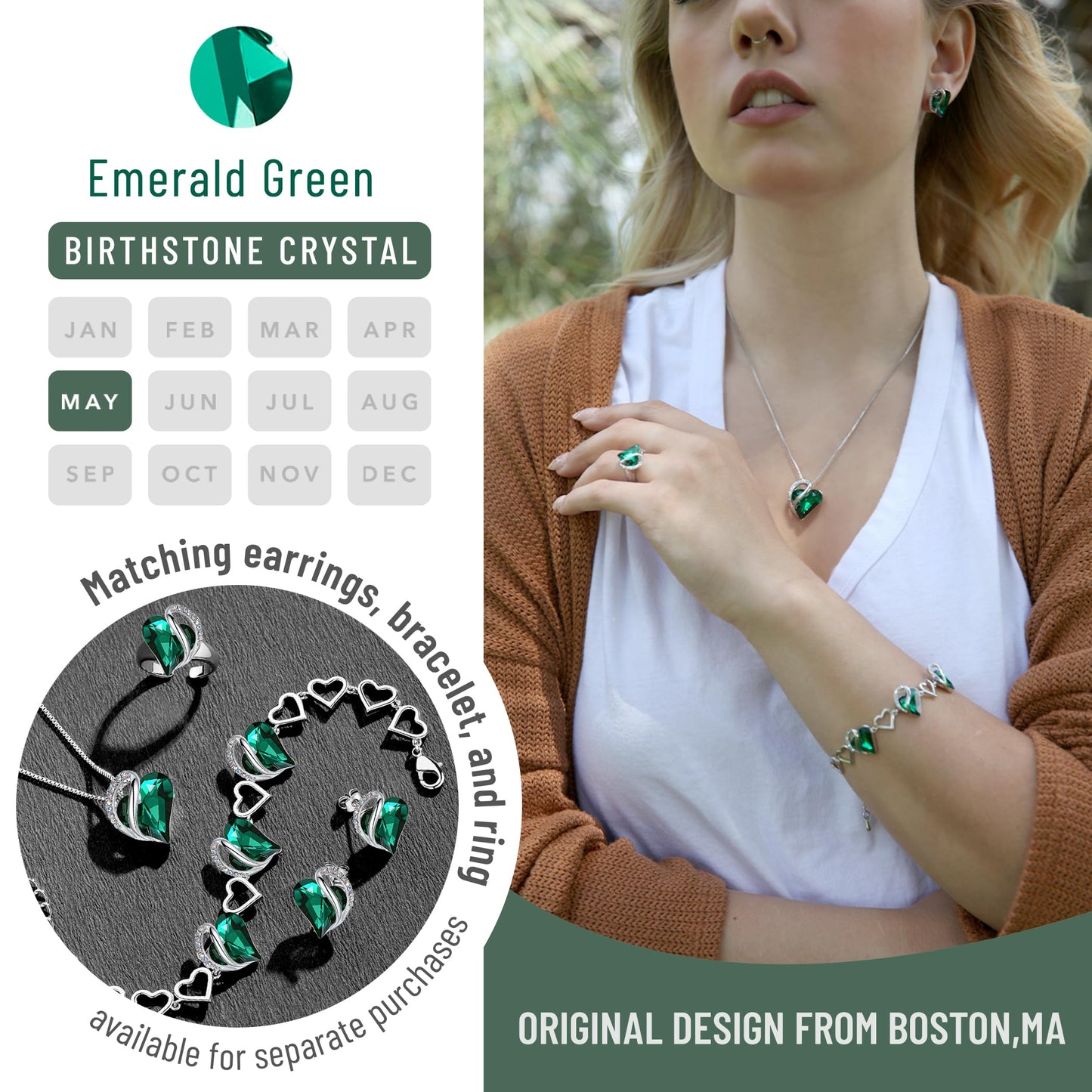 Leafael Gift Necklaces for Women, Infinity Love Birthstone Heart Pendant with Emerald Green Crystal for May, Birthday Jewelry for Her, Mom, and Wife, Silver Plated, 18 + 2 inch Chain