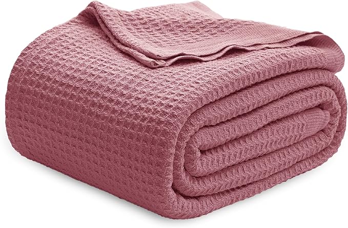 Bedsure 100% Cotton Blanket King Size for Bed - Breathable and Soft, Waffle Weave Blanket for Summer Spring, Dusty Rose, 104x90 inches