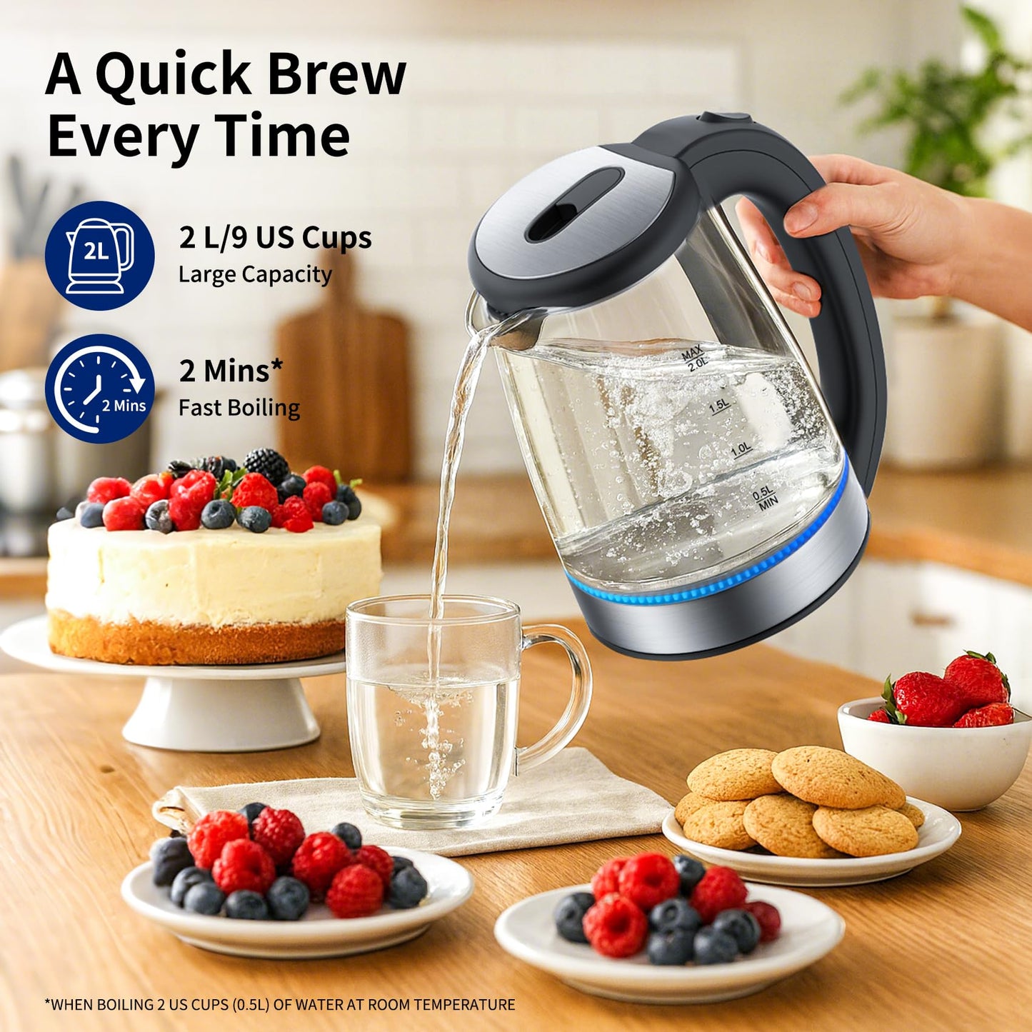 Electric Kettle Glass 2L, 1500W Fast Boiling Hot Water Boiler with Auto Shut-Off, LED Light, BPA-Free, Borosilicate Glass, Stainless Steel Interior, Wide Opening, Display Refrigerator with Door 04