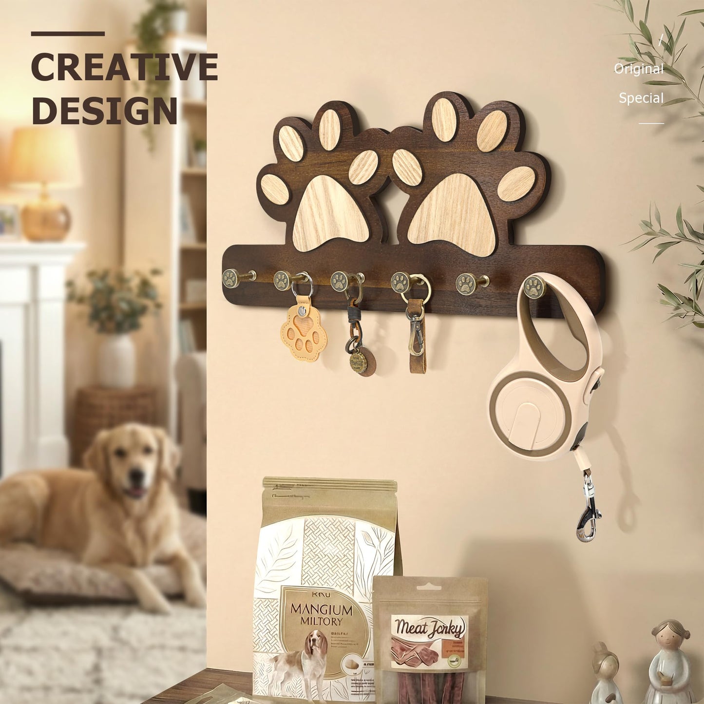 MTERSN Dog Leash Holder for Wall – Fun Dog Paw Key Holder Wall Mount with Floating Shelf and 6 Hooks Unique 3D Pet Claw Hooks - Farmhouse Home Decor for Entryway & Apartment (Dark Acacia)