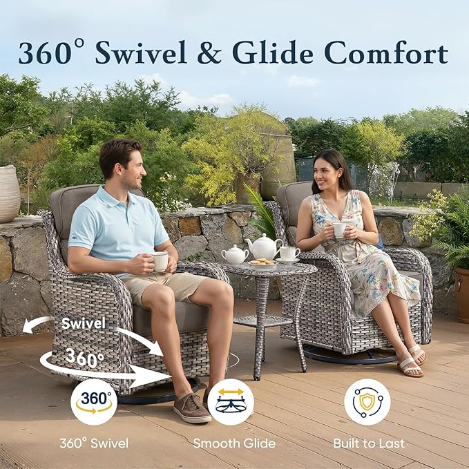 Belord Luxury 6" Thick Cushioned Outdoor Swivel Rocker Patio Chairs with Side Table, 3 Pieces High Back Wicker Furniture Set with Ergonomic Back, Conversation Gliders Set for Deck Porch - Grey+Grey
