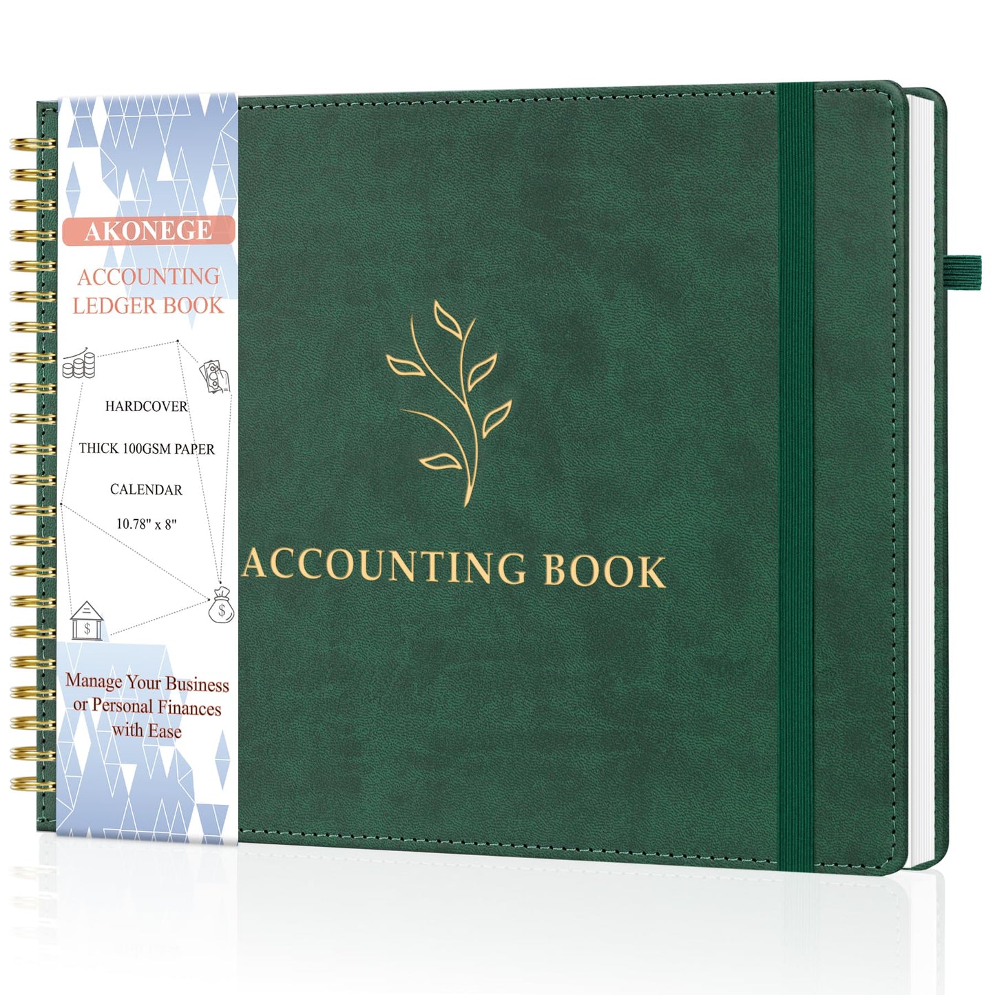 AKONEGE Accounting Ledger Book for Personal & Small Business Bookkeeping, Horizontal Income and Expense Tracker Notebook with Calendar, Hardcover Columnar Log Journal 10.78" x 8", Dark Green