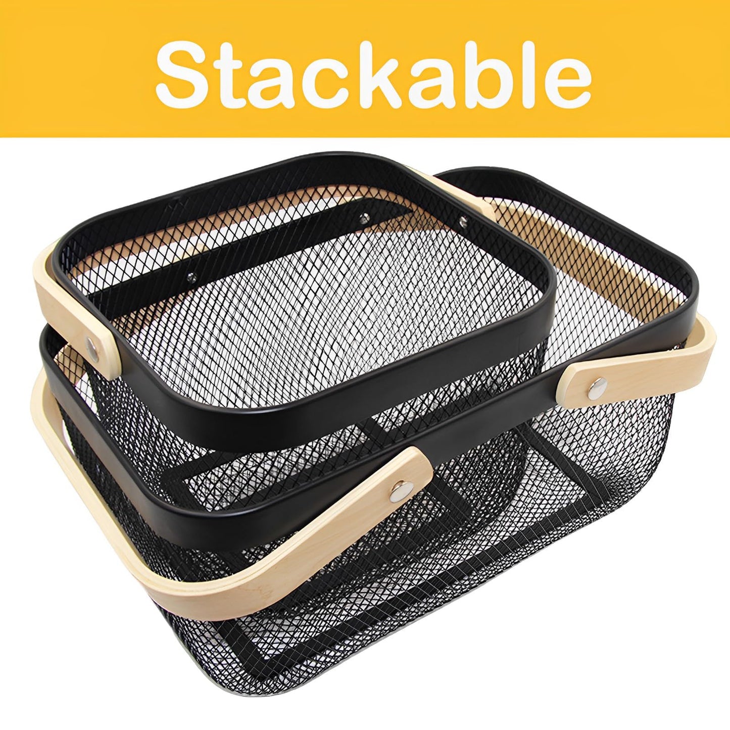 Cheardia 2 Pack Picnic Baskets, Metal Mesh Harvest Basket with Foldable Wooden Handle, Rectangle Garden Storage Basket Bin for Vegetable Fruit Garden Kitchen Cabinet Picking Gathering
