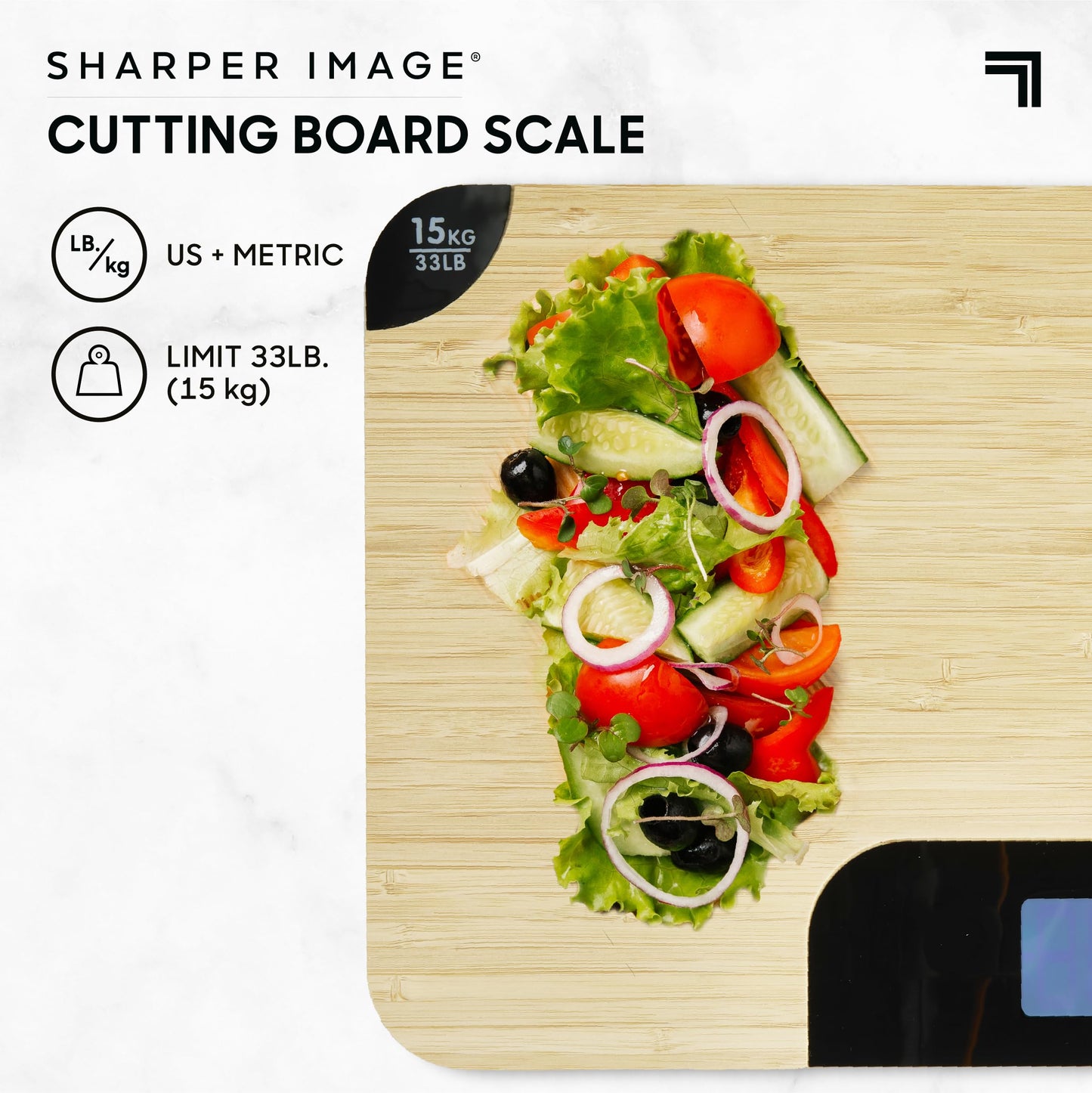 Sharper Image Bamboo Cutting Board & Digital Food Scale, 33 lb Capacity, Measures Grams & Ounces, Multi-Functional for Food Prep, Baking, Dieting, Portion Control, Kitchen Gadgets Gift
