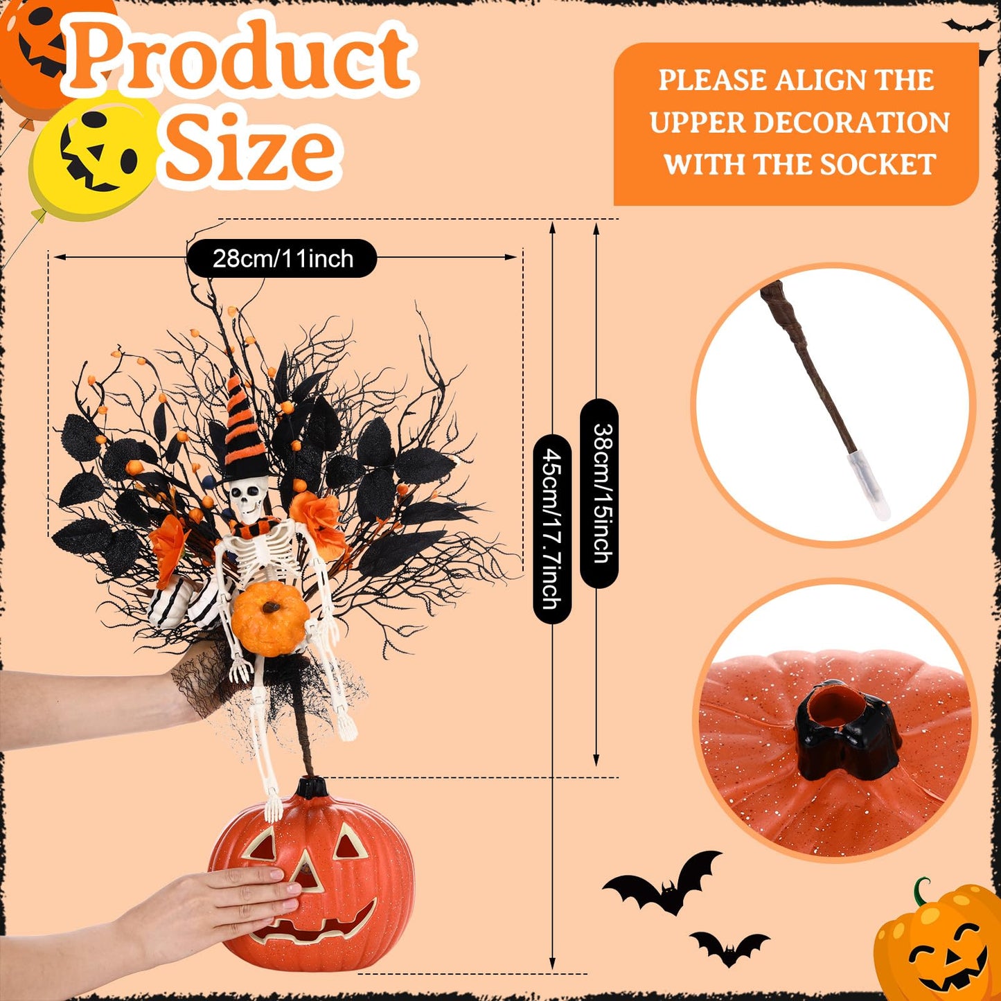 Thiccywoov Large Halloween Tabletop Decorations with Lights 17.7'' x 11'' Halloween Table Centerpieces Halloweens Artificial Flower Skeleton Skull Pumpkin Table Decor for Home Indoor Party Supplies