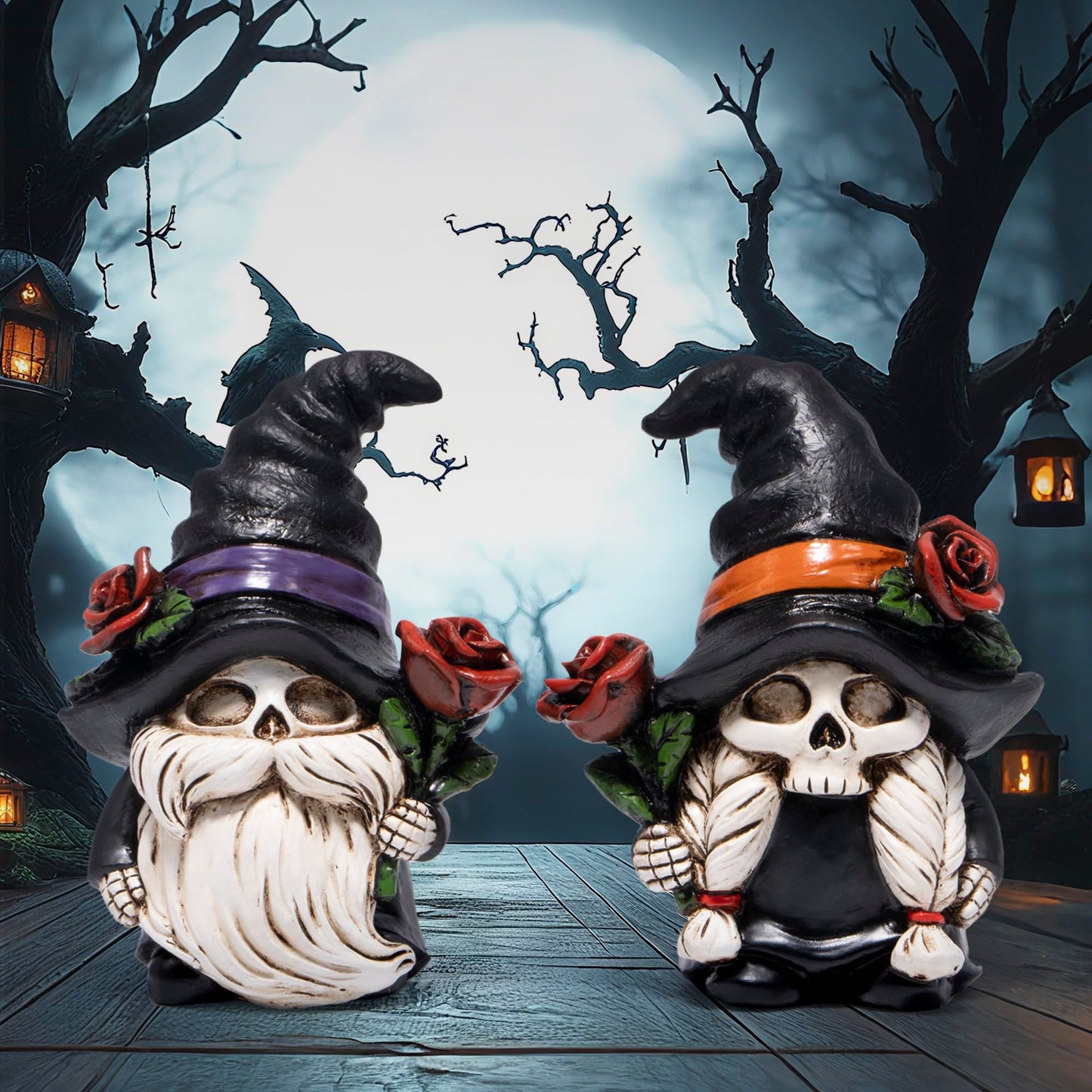 Hodao Halloween Gnomes Decorations Indoor, Resin Halloween Skull Head Handmade Figurines with Witch Hat & Rose Decor for Gift Home Bedroom Party Office Table - 2 Pcs, Black Hats