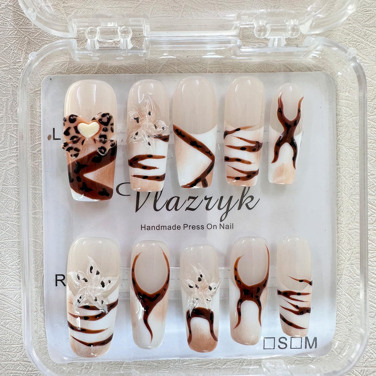 Handmade Press on Nails with Charms - Long Square French False Nails, Stars, Leopard, 3D Flower Embossed Designs for Women & Girls, Nail Kit S SIZE