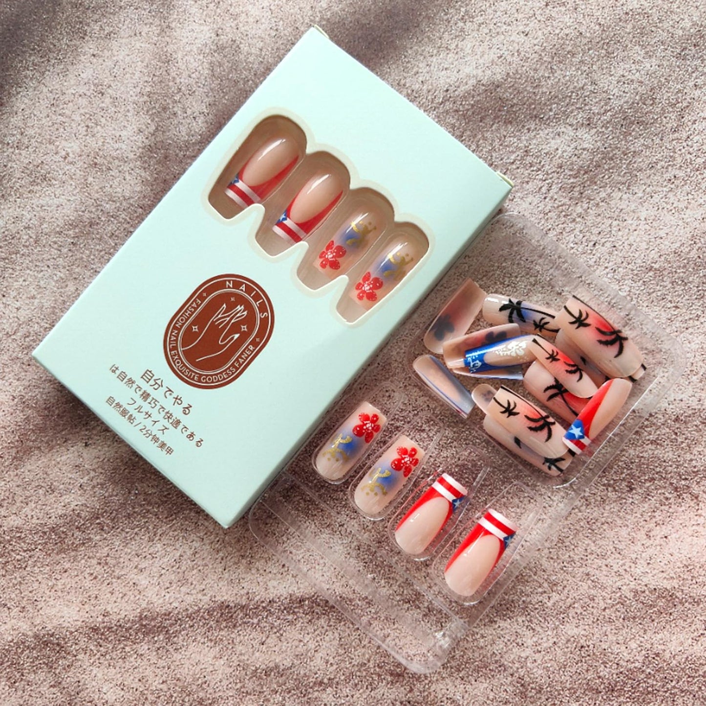 GCSQW Summer Press On Nails Medium Square Acrylic False Nails 24Pcs with Coconut Tree Designs Independence Day Flower Nails 4th of July Full Cover Stick on Nails for Women