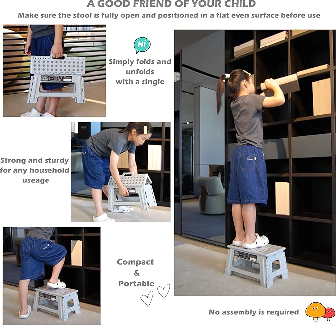Folding Step Stool - 9inch Height Holds up 300 Lbs Lightweight Foldable Stepping is Sturdy Enough to Support Adults & Safe for Kids. Skid Resistant and Open with one flip(Gray)