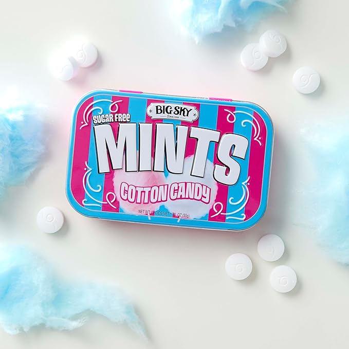 Big Sky Sugar Free Mints Cotton Candy | Sugarfree, No Artificial Colors or Flavors | Kosher Certified, Vegan, Gluten Free | Aspartame & Xylitol Free | 50 Count Tin (Pack of 6)