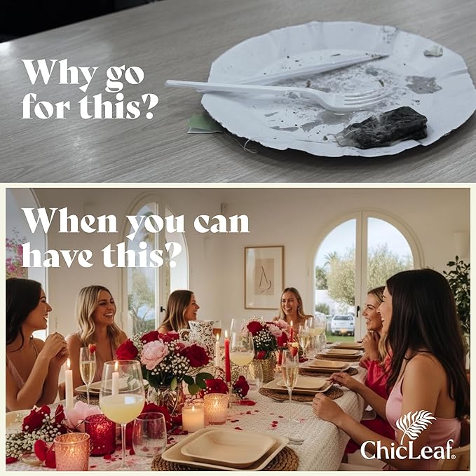 Chic Leaf Square Bamboo Palm Leaf Disposable Plates - 8" Pack of 100 - Biodegradable & Compostable Dinnerware - Disposable Party & Appetizer Plates - Sustainable Dessert Trays Romantic Date Essentials