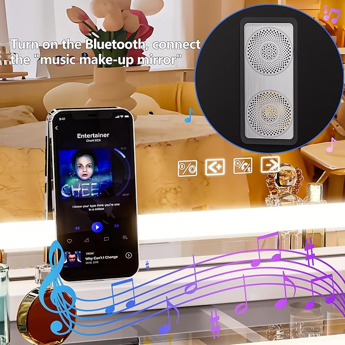 Hasipu Vanity Mirror with Lights and Bluetooth Speaker, 20" x 25" LED Makeup Mirror, Light up Mirror with 10X Magnification and USB Charging Port, Smart Touch 3 Colors Dimmable (White)