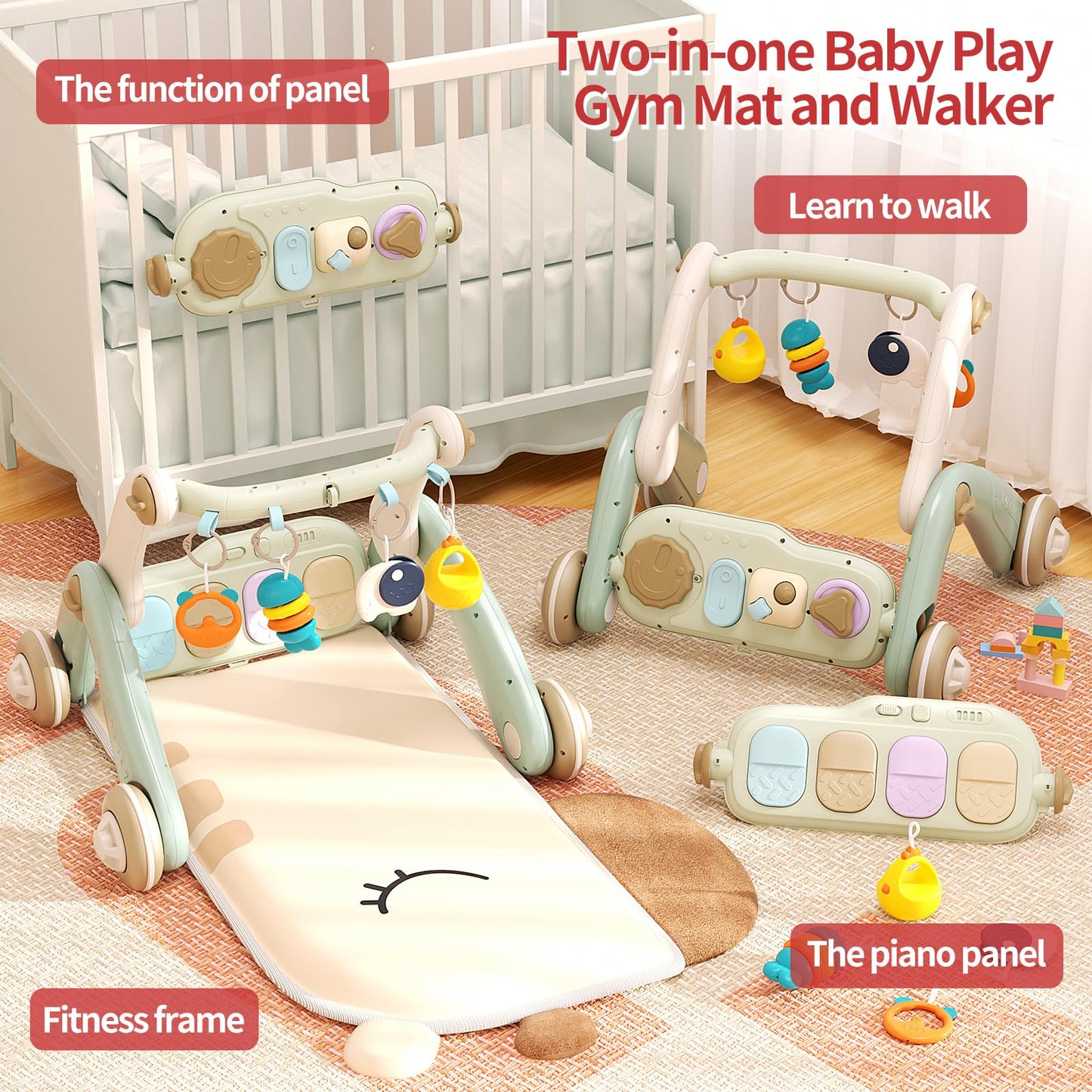Jovow 2 in 1 Baby Gym with Walker,Baby Play Mat with Double-Sided Multifunctional Removable Play Piano Panel, Educational Sensory Toys for 0-24 Months Boy Girl [White]