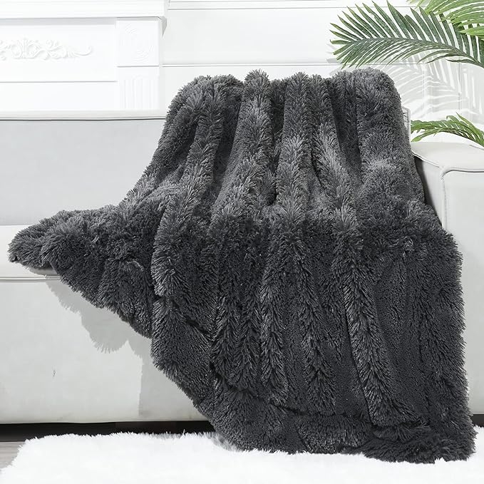 GONAAP Fuzzy Faux Fur Throw Blanket Dark Grey Super Soft Cozy Plush Fuzzy Shaggy Blanket for Couch Sofa Bed (Dark Grey, Throw(50"x60"))