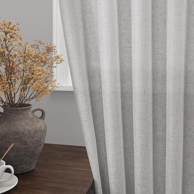 Grey Linen Back Tab Curtains 96 Inches Long 2 Panels Set for Living Room Sliding Glass Door Grey Semi Sheer Curtains Light Filtering Canvas Cloth Linen Drapes 96 Inch Floor to Ceiling Length