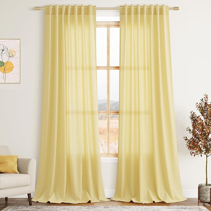 Yellow Linen Curtains 102 Inches Long for Living Room 2 Panel Set Back Tab Rod Pocket Semi Sheer Curtain Light Filtering Burlap Extra Long Drapes Neutral Farmhouse Decor for High Window 52x102