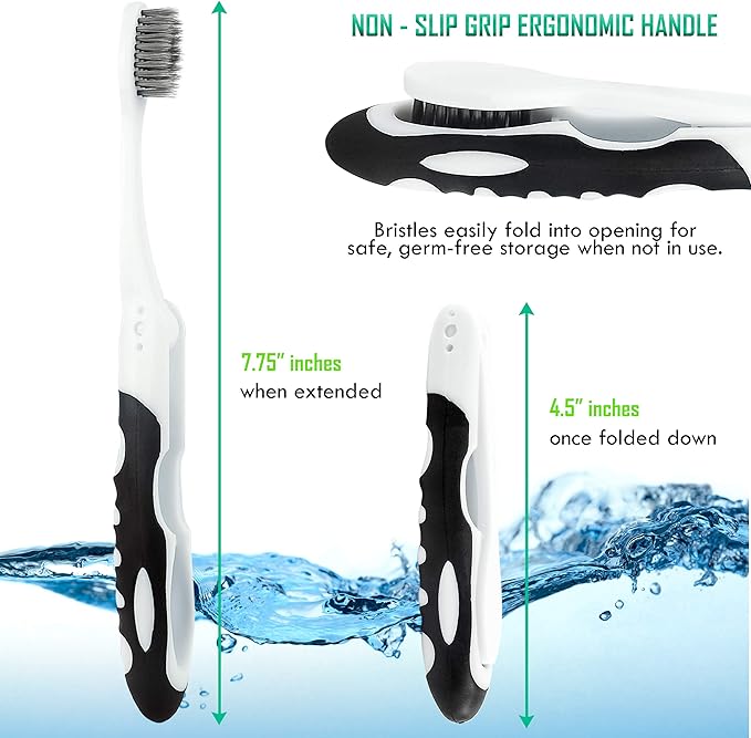 Lingito Folding Toothbrush with Built-in Cover - Travel Size, Collapsible, Soft-Charcoal (6 Pack)