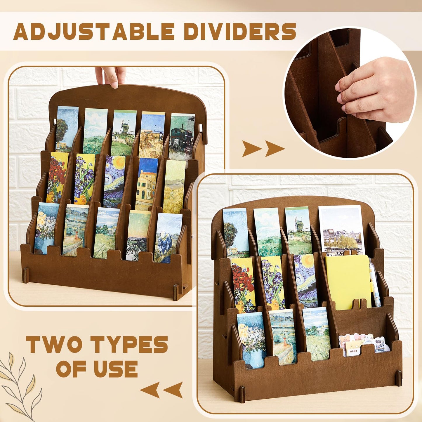 Yuntau Bookmark Display for 2.2'' Bookmark, Adjustable Dividers, Portable Sticker Holder, Curved Pockets Greeting Card Display for Business Vendor, Retail Store Shop(15 Pockets,Brown)