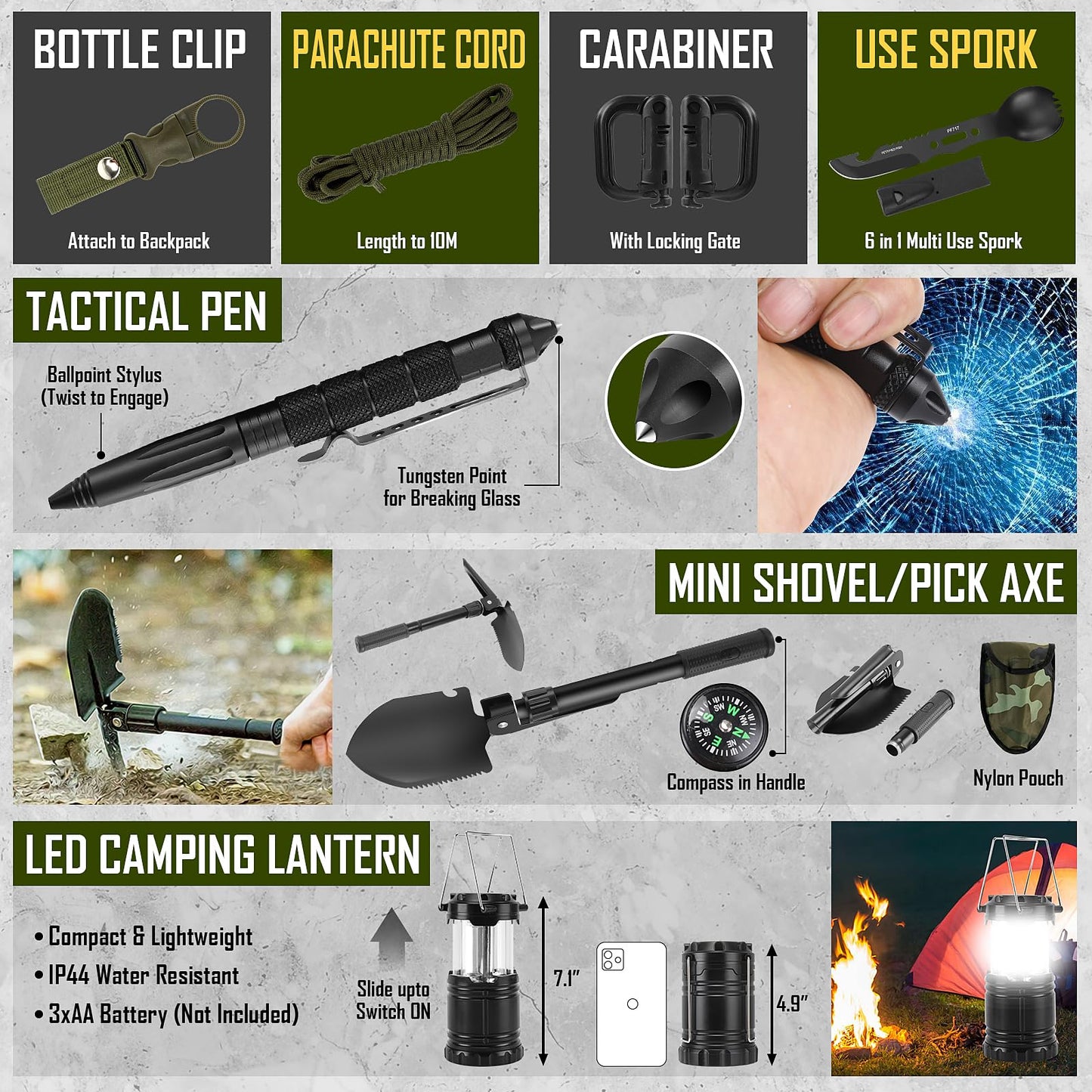 Survival Kit, 268 Pcs Emergency Survival Gear and Equipment Supplies with First Aid Kit, Camping Axe, Headlamp, Crossbody Bag for Camping Hiking, Hunting, Gift for Christmas Men, Dads, Black