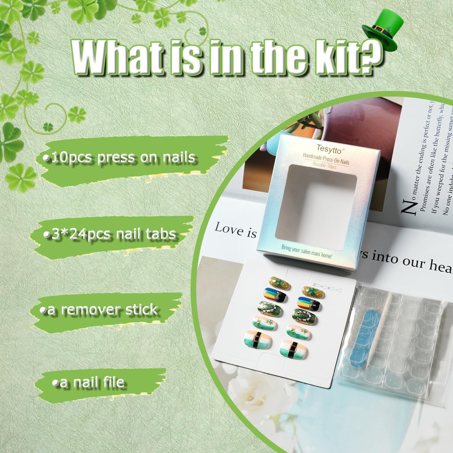 Tesytto Medium Square Press on Nails - Irish Flag Green White Orange Nails with Lucky Shamrock & Belt Design, Rainbow & 3D Gold Glitter Spring Summer Fake Nails (Size L)
