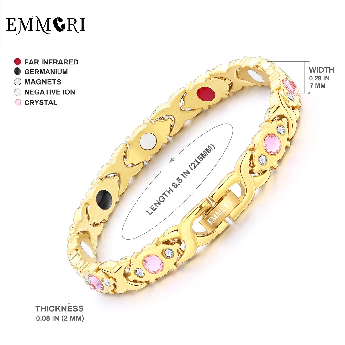 EMMORI Ultra Strength Magnetic Bracelet for Woman - 3,500 Gauss Per Magnet -Crystal Bracelet - Adjustable Length -Pulseras Magneticas (Gold)