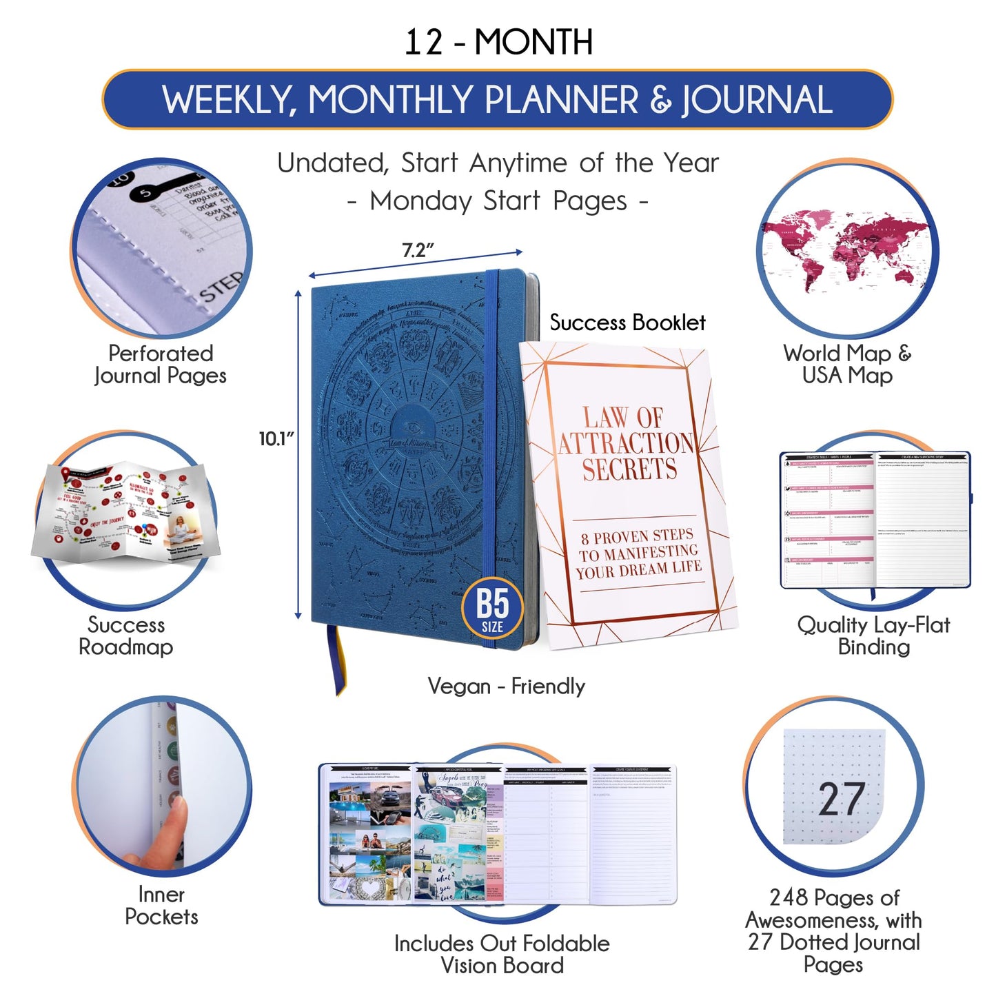 Deluxe Weekly and Monthly Planner | Law of Attraction Planner with Productivity App | 12-Month for Productivity, Gratitude & Goal Setting | Includes Foldable Vision Board, Gift Box & Stickers