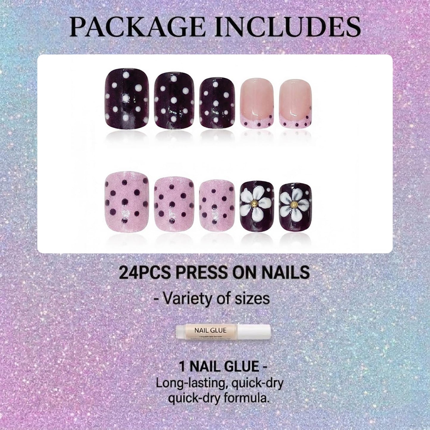IMSOHOT 24Pcs Short Square Press on Nails - Glossy Pink and Black Polka Dot French Tip Fake Nails with 3D Flower Designs, Sweet Y2K Rhinestone Glue on Nails for Women