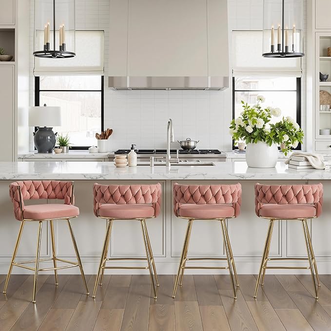 VECELO Bar Stools Set of 4, Counter Height Bar Stools, 26 inch Seat Barstools with Woven Back and Footrest for Kitchen Island Counter, Pink