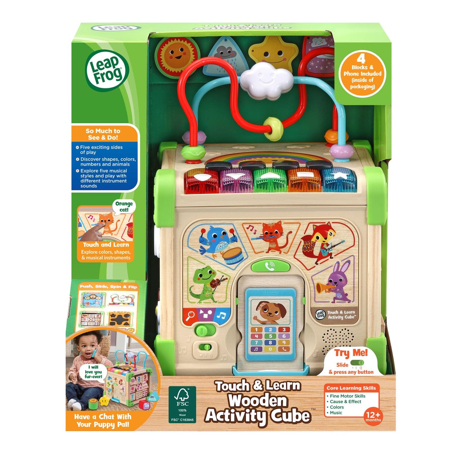 LeapFrog Touch and Learn Electronic Musical Light-Up Wooden Activity Cube Toy, Animal Themed, Ages 1 and Up