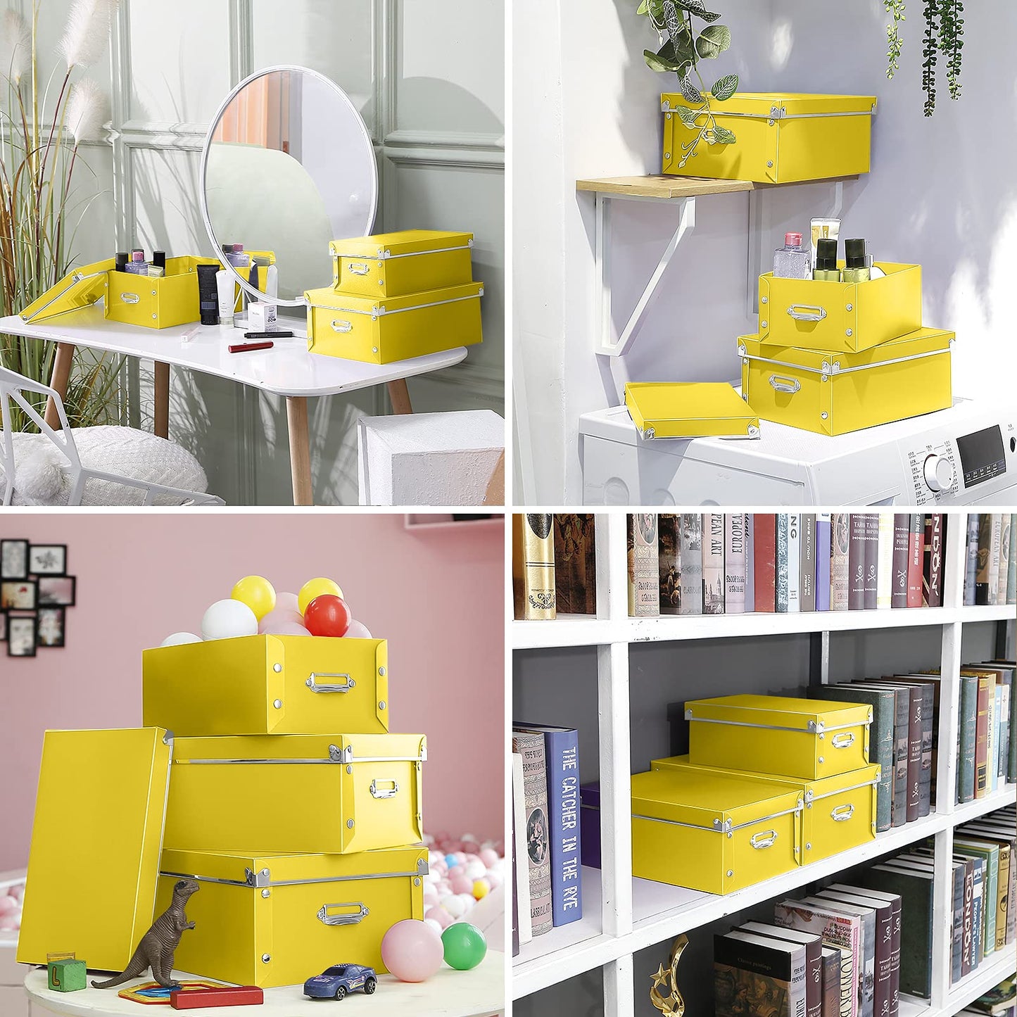 SEEKIND storage box with Lids,3 in 1 Set,Plastic,with Handles,Press-Stud Fastening,Moisture-proof,Foldable for Space Saving Storage,for Clothes,DVD,Blankets (Yellow) …