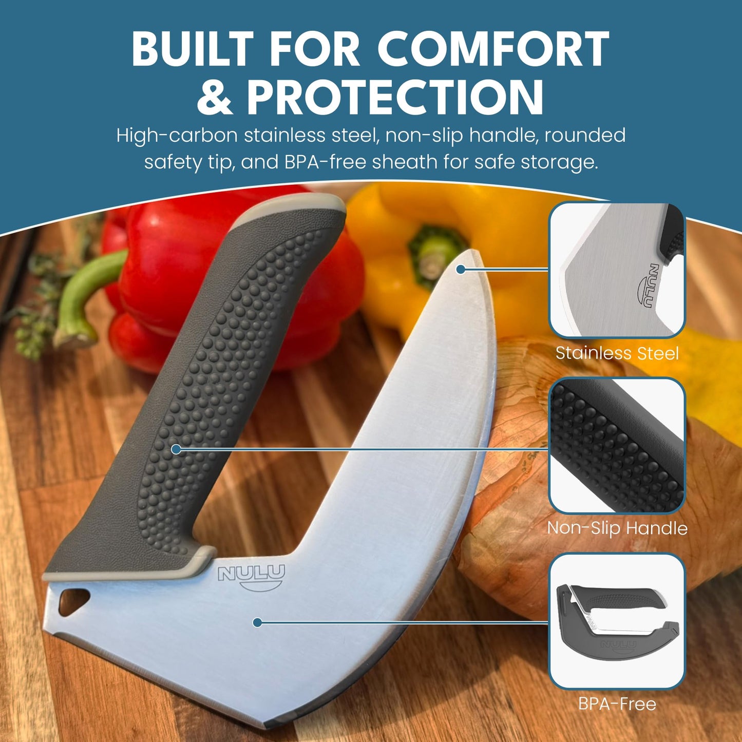 NULU Ergonomic Kitchen Knife for Arthritis & Weak Hands — Adaptive Multi-Grip, Low Strain, Chef's Knife with Sheath