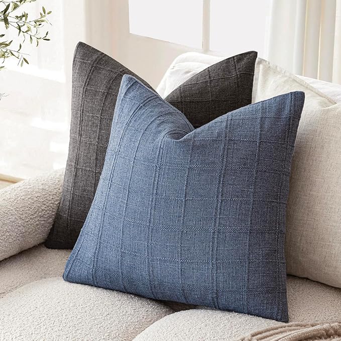 Foindtower Set of 2 Decorative Linen Check Throw Pillow Covers Neutral Farmhouse Vintage Cushion Covers Modern Coastal Boho Home Decor for Sofa Chair Couch Bedroom Living Room,18×18 Inch,Blue
