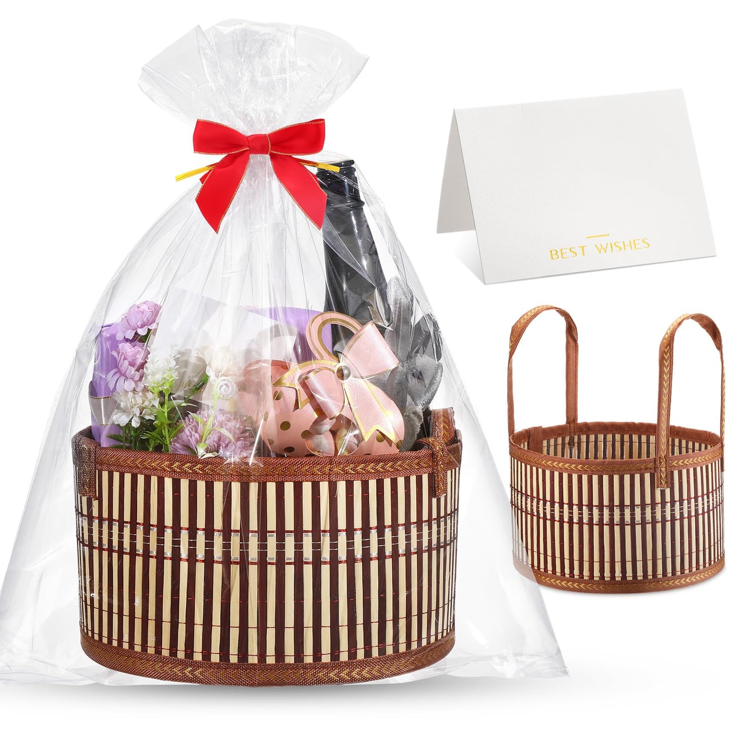 Weysat 1 Set Baskets for Gifts Empty Graduation DIY Bulk Large Woven Bamboo Gift Basket Kit with Handle Bow Wrap Bag to Fill for Father's Day Wedding Birthdays Party Wrapping (Brown)