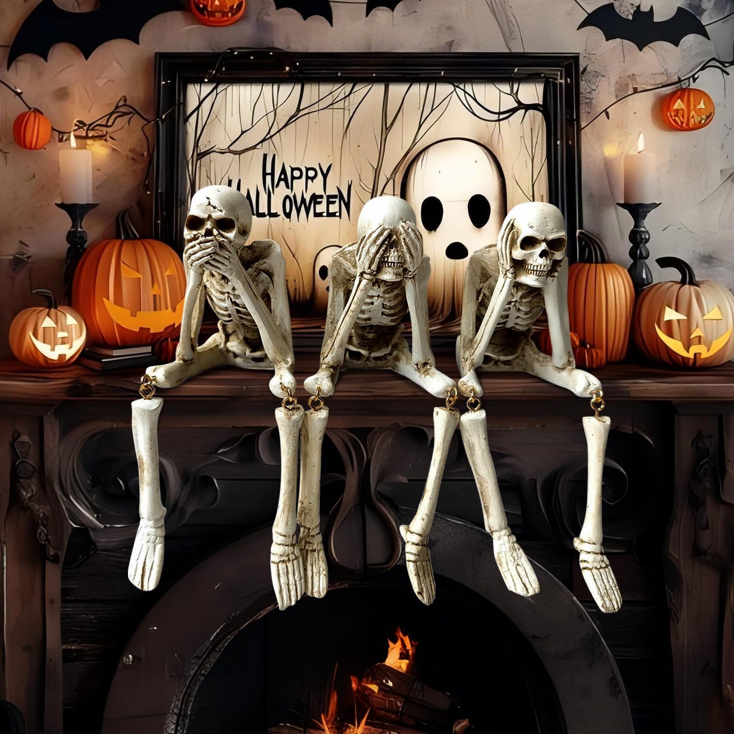 Halloween Skeleton Statues Set of 3 – See No Evil, Hear No Evil, Speak No Evil, Resin Skull Figurines for Gothic Home Decorations, Shelf Mantel Decor, Tabletop Halloween Decor Indoor (3-Piece Set)