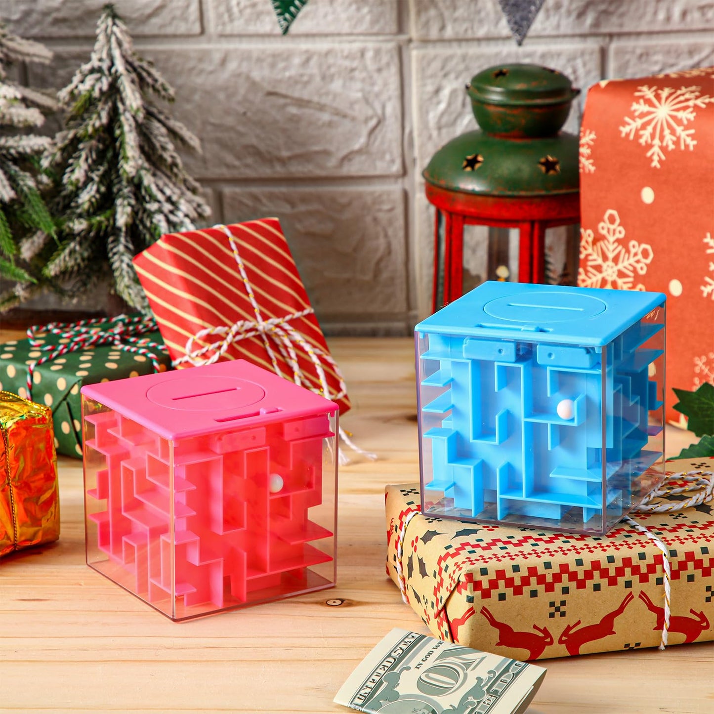 Patelai 2 Pieces 3.03 Inch Money Holder Maze Puzzle Gift Box, Christmas Money Gift Holder Box Fun Maze Puzzle Brain Teasers for Adults (Red, Blue)
