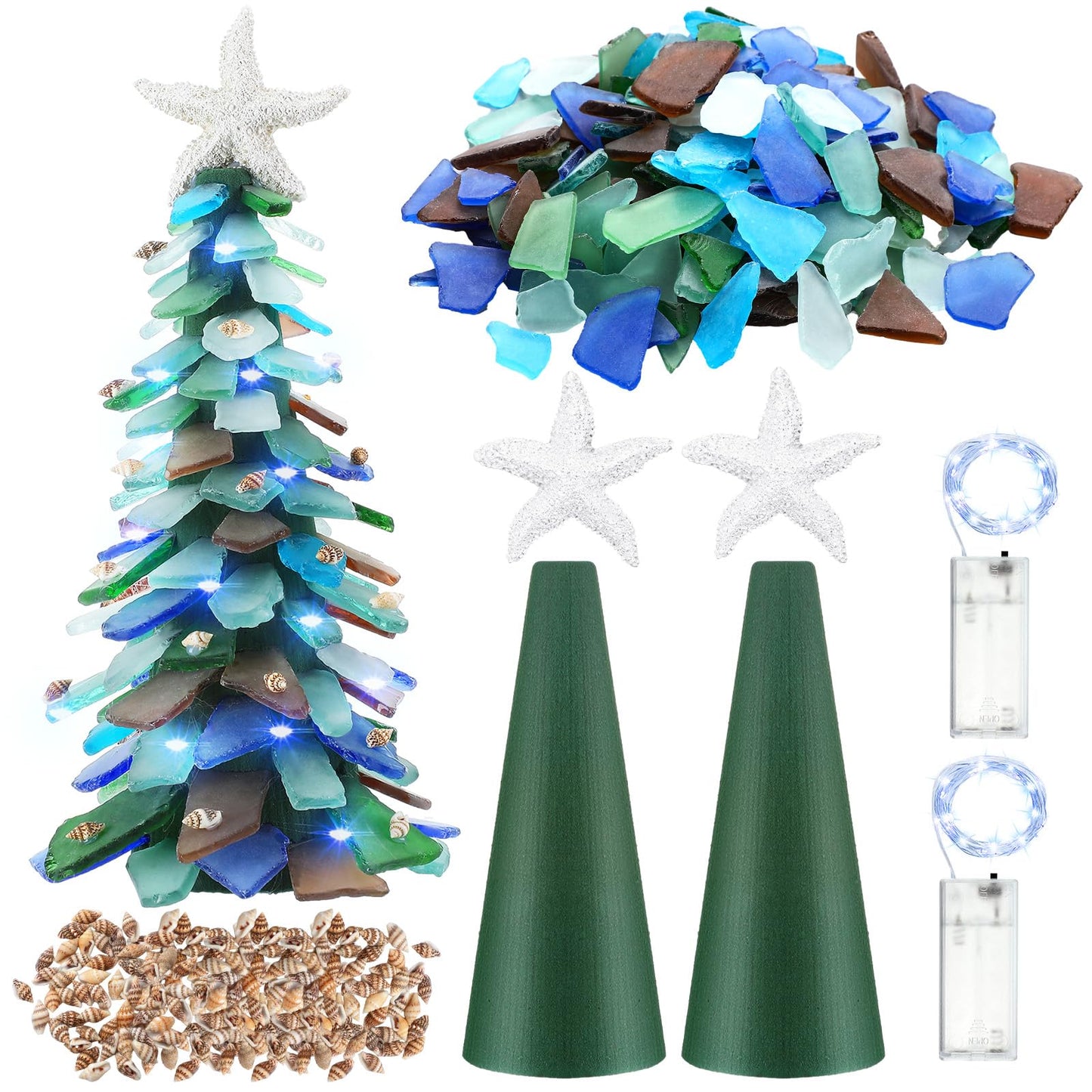 Innconee 2 Pack DIY Sea Glass Christmas Tree Handmade Kit Tabletop Shells Beach Christmas Trees Handcrafted Coastal Xmas Decor for Ocean Birthday Party Table Centerpiece (9.45'' X 3.15'')