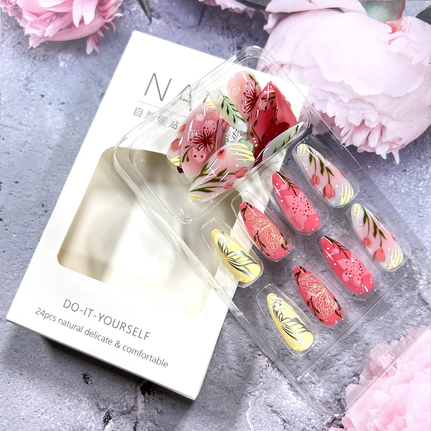 CJDLTS Colorful Flower Press on Nails Medium Almond Artificial Acrylic Nail 3D Blush Floral with Bubble Design Stick on Nails Full Cover Reusable Coffin Glue on Nail Artificial Fingernails for Women