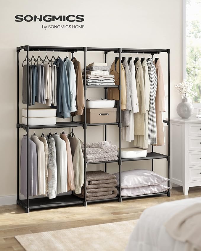 SONGMICS Portable Closet, Freestanding Closet Organizer, Clothes Rack with Shelves, Hanging Rods, Storage Organizer, for Cloakroom, Bedroom, 71.7 x 16.9 x 71.7 Inches, Black URYG037B02