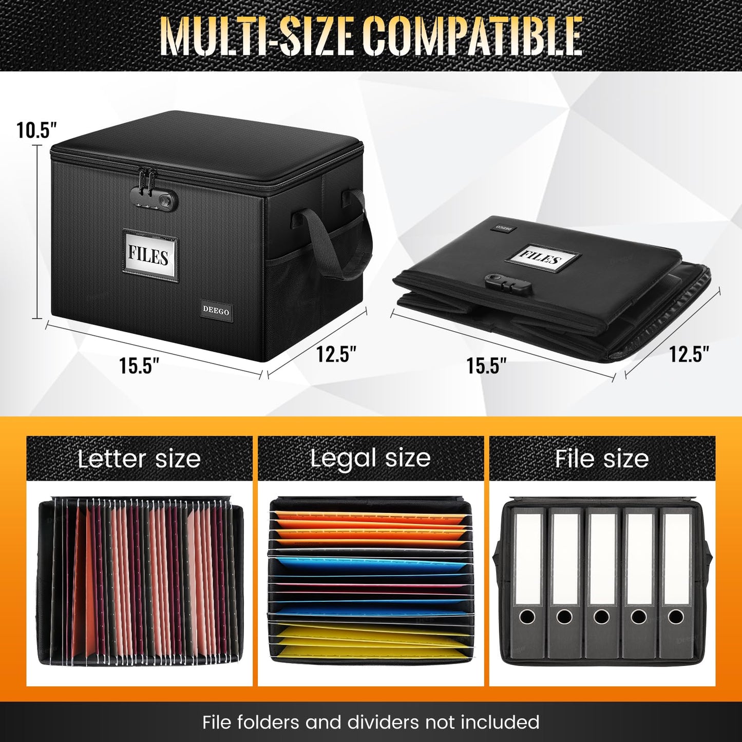 DEEGO Fireproof Document Box, Water-Resistant File Organizer Box with Lock for Document Safe, Collapsible File Organizer with Handle, Filing Cabinets for Home Office for Hanging Letter/Legal Folder