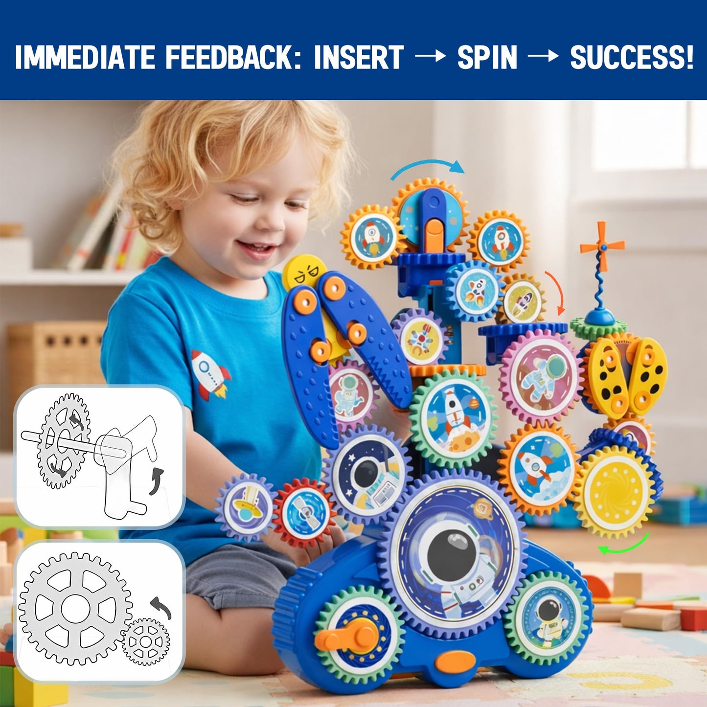 ROHSCE Motorized Spinning Gear Building Toys for Kids, Space Rocket STEM Construction Set, Educational Interlocking Building Blocks Puzzle | Gear Toys for Toddlers Ages 3-8