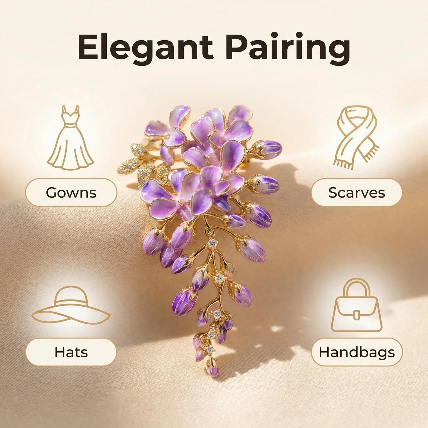 Brooch Pin - Gold Plated | Ideal Gift for Mom & Wife on Thanksgiving Day, Birthdays & Weddings (Wisteria)