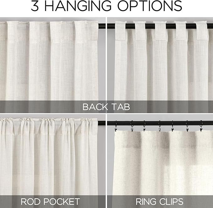 Cream Linen Curtains 84 Inch Length 2 Panels Back Tab Pocket Semi Sheer Bedroom Curtains Light Filtering Country Closet Curtain Drapes Netural Farmhouse Window Panels for Living Dining Room 40x84
