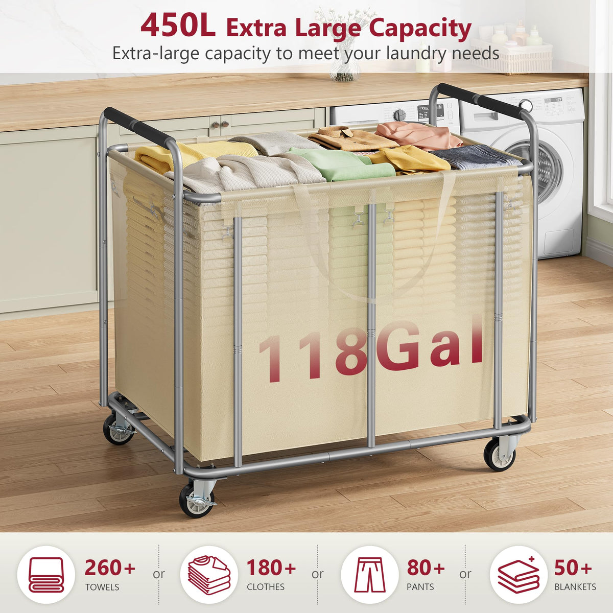 Large Laundry Cart with Wheels 450L