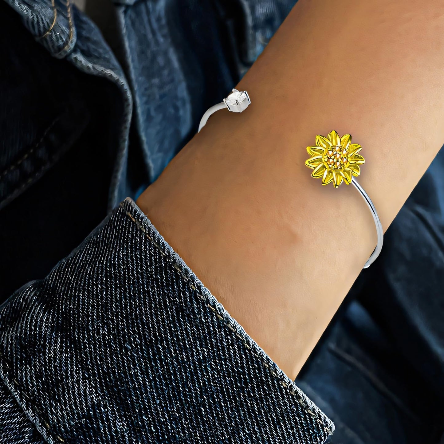 Baoaichi Handmade 925 Sterling Silver Sunflower Bangle Bracelet For Women Adjustable Cuff Bangle Stylish Cubic Zirconia Bangle Simple Thin Bracelet Daily Jewelry for Friendship Gift