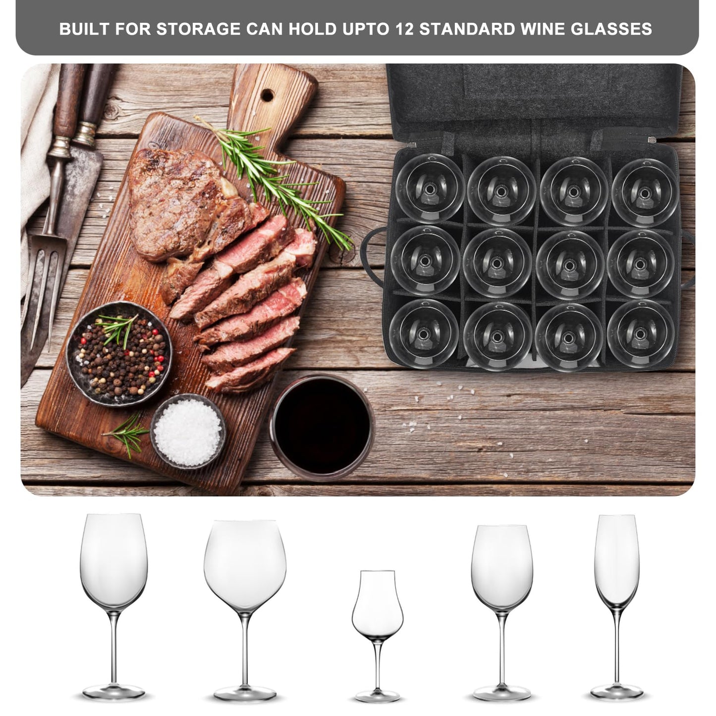 Foyego 2 Pack Wine Glass Storage Box with Dividers, Stemware Storage Containers for Packing and Moving, China Storage Containers Box for 12 Crystal Glassware, Wine Glasses, Drinkware,Dark Gray